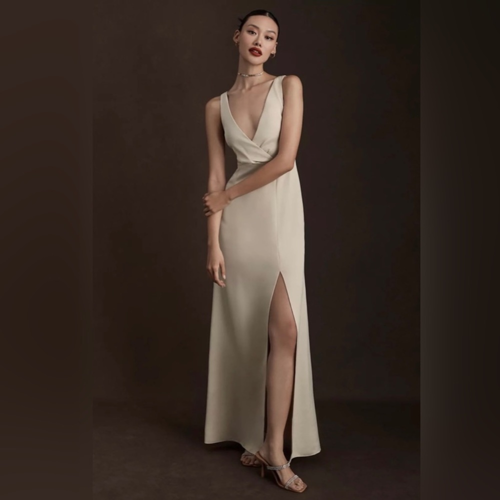 NWT Anthropologie Size 8 BHLDN Piper V Neck Side Slit Satin Gown Maxi Dress